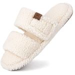 FamilyFairy Open Toe Slippers for Women Adjustable Memory Foam House Shoes Faux Fur Fuzzy Slide Sandals Non Slip Washable(7-8, Beige)
