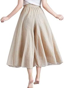 Flygo Women's Pull-On Elastic Waist Wide Leg Linen Pant Palazzo Pants Culottes (Length - 85CM, Champagne)