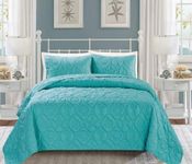 Grand Linen 3-Piece Tropical Coast Seashell Beach Queen/Full Bedspread Turquoise Blue Coverlet Embossed Bed Cover Set. Sea Shells, Sea Horse, Starfish etc.