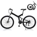 Futchoy 26 Inch Folding Mountain Bike for Adults 21 Speed Mountain Trail Bike with Dual Disc Brakes Foldable Mountain Bike High-carbon Steel Frame Full Suspension Folding Bike (Black)