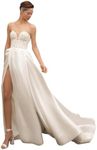 Sweetheart Ivory Wedding Dress for Bride A Line Applique Satin Long Slit Beach Bridal Gown Strapless US2