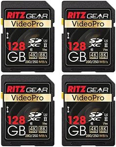 Ritz Gear 128GB High-Speed SDXC UHS-II SD Card, C10, U3, V90, Full-HD & 8K Memory Card for DSLR, Cinema-Quality Video Cameras (4 Pack)