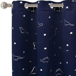 LORDTEX Dinosaur and Star Foil Print Blackout Curtains for Kids Room - Thermal Insulated Curtains Noise Reducing Window Drapes for Boys and Girls Bedroom, 42 x 63 Inch, Navy, Set of 2 Panels