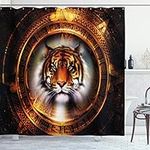 ABAKUHAUS Tiger Shower Curtain, Mayan Calender Design with Big Hunter Head Wise Feline Old Cultures, Cloth Fabric Bathroom Decor Set with Hooks, 86 Inches Extra Long, Dark Orange Black