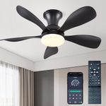 FUMLTP 33In Black Low Profile Ceiling Fans with Lights and Remote/APP Control, Modern Flush Mount Ceiling Fan with 5 Reversible Blades 3 Colors Dimmable for Outdoor Patio,Small Room,Bedroom