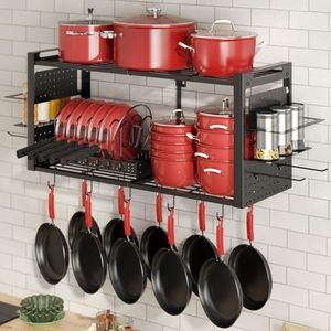 Freexployer 31 Inch Pot Rack Wall Mounted, 2-Tier Pots and Pans Organizer with 20 Hooks & Pan Organizer and Spice Rack, Heavy Duty Hanging Pot Hanger for Kitchen Cookware, Utensils, Black