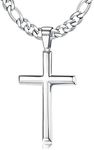 HAIAISO 925 Sterling Silver Cross Pendant Necklace for Men Women 5mm Stainless Steel Diamond-Cut Figaro Chain Crucifix Necklace 18K White Gold Plated Polished Cross Necklace 22 Inches