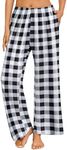 Ekouaer Pajama Pants for Women Soft Comfy Pajama Bottoms Casual Stretch Wide Leg Pants with Pockets Black White Plaid Large