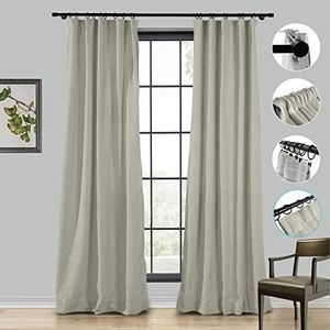 ChadMade Linen Curtain 100Wx102L inch Room Darkening Lining Curtain Panel 4 in 1 Header Rod Pocket Flat Hooks Back Tab Hook Belt, Gray (1 Panel)