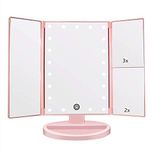 Flymiro Tri-fold Lighted Vanity Makeup Mirror with 3x/2x Magnification,21 LEDs Light and Touch Screen,180 Degree Free Rotation Countertop Cosmetic Mirror,Travel Makeup Mirror(Pink)