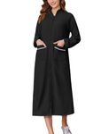 Ekouaer Zipper Robe for Women Knee Length Loungewear Fleece Bathrobe Long Sleeve Housecoat with Pockets Black M