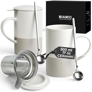 MIAMIO - Tea Cup Set 2 x 500 ml with Infuser and Lid/Ceramic Tea Mug with Infuser and Spoon for Steeping Loose Leaf Tea, Gifts for Tea Lovers - Microwave & Dishwasher Safe (Grey)