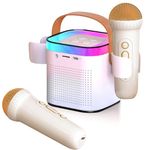 Karaoke Toy Bluetooth Smart Speaker with 2 Wireless Microphones, Kids & Adults Portable Karaoke Machine with LED Light and Voice Changing Effects, Gifts for Age Kids Families Birthday Party - White
