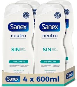 Sanex Gel de Ducha Neutro Hidratante (4x600 ml), con ingredientes esenciales, 0% sulfatos*, 0% jabón y 0% colorantes, para todo tipo de piel, hidratación duradera, tecnología triple acción