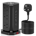 Tower Extension Lead 3M, AUOPRO 9 Gang Extension Tower with 5 USB Slots(1 USB C/18W Fast Charging), Black Power Strip, Multi Plug Desktop Power Socket, Long Cord for Computer PC Tablets Mobile Devices