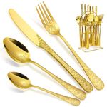 Cutlery Set Gold with Stand Holder | Engraved Rose Pattern | Drainer Stand | Storage Organiser | Hanging Forks,Spoons & Knives for Home,Restuarant,Party Supplies & Buffet Table, 24 Pieces