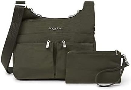 Baggallini Cross Over Crossbody Bag - Lightweight, Water Resistant Travel Purse, Olive,