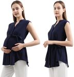 Maternity Blouse for Work Pregnancy Top Short Sleeve Shirt Formal Women Chiffon (Navy with Stripe, Large)