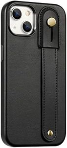 SaharaCase FingerGrip Series Case Cover for Apple iPhone 13 6.1" (2021) [Shockproof Bumper] Genuine Leather Rugged Protection Finger Strap Integrated Kickstand Anti-Slip Grip Slim Fit (Black)