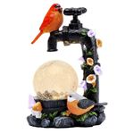 TERESA'S COLLECTIONS Garden Ornaments Outdoor, Orange Robin Bird on Faucet with Crackle Glass Ball, Waterproof Resin Ornaments, Garden Decorations Gifts Indoor Outdoor 21CM