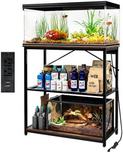 TC-HOMENY Fish Tank Stand 10-30 Gallon, Aquarium Stand with Charging Station,1000LB Capacity ,31" L x 16" W Metal Reptile Tank Stand, Double Storage Design Adjustable Boards, Brown(Tank not Included)