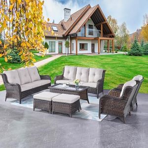 Rilyson Wicker Patio Furniture Sofa Set - 7 Piece Rattan Outdoor Patio Sectional Conversation Sets with 2 Sofa,2 Armrest Chairs,1 Coffee Table and 2 Ottomans for Porch Deck Garden(Brown/Beige)
