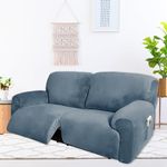 Fengshui 2 Seater Recliner Sofa Covers, 6-Piece Extra Wide 75" - 100" Velvet Stretch Reclining Couch Covers Extra Wide Reclining Loveseat Cover with Side Pocket, Thick Soft Washable, Grey Blue