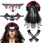 4pcs Halloween Costume Set, Flower Crown Headband Gothic Black Lace Necklace Gloves, Day of the Dead Costumes for Women Fancy Dress Accessories Cosplay Party (Rose-01)