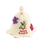 Natural Textile Sauna Hat 'Miss Sauna Flower' White - 100% Organic Wool Felt Hats for Russian Banya - Protect Your Head from Heat - English Sauna eBook Guide Included - with Embroidery