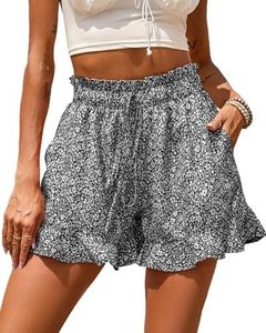 BTFBM Women's Summer Shorts 2025 Floral Elastic High Waisted Belted Casual Ruffle Beach Short Lounge Pants with Pockets(Floral Black, XX-Large)