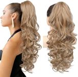 REECHO Ponytail Extension, 24" Claw Clip in Long Curly Wavy Ponytail Hair Extension Jaw Clip on Pony Tails Hairpiece for Women - Dark Blonde