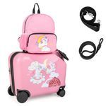 BABY JOY 2PC Kids Luggage Set, 4 in 1 Toddler 18” Ride-on & Carry-on Hardshell Suitcase with Wheels, Anti-Lose Rope, 12” Backpack Set, Lightweight Travel Rolling Trolley for Boys Girls, Pink, Unicorn