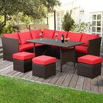 DEVOKO 6 Pieces Patio Furniture Set, Outdoor Dinning Set HDPE Wicker Conversation Set Outside Couch with Table for Porch, Lawn, Garden, Backyard (Dark Brown and Red)