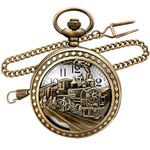 Vintage Bronze Steam Train Mens Kids Quartz Gift Pocket Watch with Chain