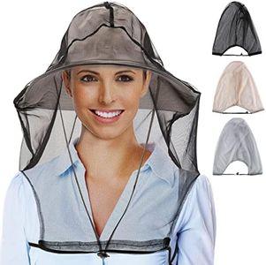 CozyCabin 3 Pcs Mesh Mosquito Head Net, Fully Covered Face Netting for Hats Head Mesh Protecting Net for Outdoor Hiking Camping Garden (Black/Gray/Begie-Large Set)