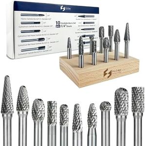 10Pcs Carbide Burr Set with 1/4" Shanks, Double Cut Rotary Tools, Head Dia 1/4"-5/16", Die Grinder Bits Attachment Kit for Metal, Wood, Stone, Steel Grinding, Deburring, Cutting, Porting, Carving