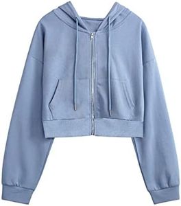 Yimoon Zip Up Hoodie Women Cropped Casual Sweatshirts Workout Long Sleeve Drawstring Hooded Jacket Crop Tops (Blue, X-Large)