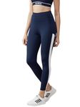 BLINKIN Stretchable Gym Tights & Leggings for Women Workout, High Rise, Tummy Control & Squat Proof Active Wear Yoga Pants (9150_Color_Navy Blue with White Stripes,Size_XL)