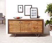 DEMIWALL Sheesham Wood Sideboard & Cabinets | Wooden Side Board Media Console Tv Cabinet for Living Room | Free Standing Buffet Cabinet with 3 Drawer & 2 Door Storage | Iron Legs, Natural & Black