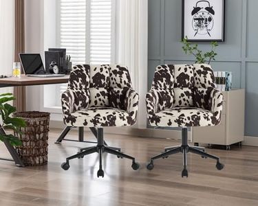 Wahson Cow Print Linen Office Desk Chair with Mid Back Support Set of 2, Comfy Adjustable Height Computer Task Chair, 360° Rolling Swivel Modern Vanity Armchair for Home Office