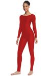 OVIGILY Women's Long Sleeve Unitard Dance Costume Spandex Full Body Suits One Piece Jumpsuits, Red, Large