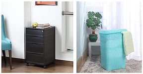Cello Plastic Storewell Storage Cabinet, Black Eliza Plastic Laundry Bag/Basket, 50 litres, Light Blue