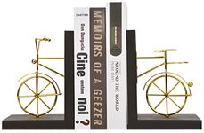 Spiretro Bicycle Bookend Supports, Decorative Book Stoppers with Non-Skid Bottom, Handcrafted Distressed Wood & Metal Book Stand, Display for Bookshelf Office Desktop, 1-Pair, Golden & Brown