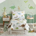 Uozzi Bedding 4 Pieces Toddler Bedding Set Dinosaur White Includes Adorable Quilted Comforter, Fitted Sheet, Top Sheet, and Pillow Case for Boys Bed