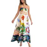 B G FASHION Printed Long Maxi Cami Dress Slim Fitting Comfortable Outfit for Summer Large Swing Straped Dress for Casual (White, L)