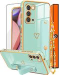 Likiyami (3in1) for Samsung Galaxy Note 20 Case Heart Women Girls Cute Girly Aesthetic Trendy Luxury Pretty with Loop 5G Phone Cases Mint Green and Gold Plating Love Hearts Cover+Screen+Chain 6.7"