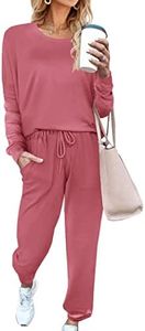 Aloodor Lounge Sets for Women Round Neck Cute Pajamas Sets Loungewear with Pocket Pink L