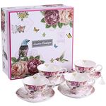 London Boutique Tea cup and Saucer set 4 Afternoon Tea Set Shabby Chic Vintage New Bone China Porcelain Bird Butterfly Flora Gift Box (Bird Rose Butterfly)