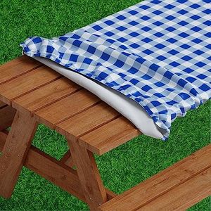 Sorfey Vinyl Picnic Table Fitted Tablecloth Cover, Checkered Design, Flannel Backed Lining, 28 x 72 Inch Blue
