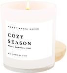 Sweet Water Decor Cozy Season Soy Candles - Fall Candles with Woods, Warm Spice, and Citrus Scent for Home Decor - Soy Candle with 50 Hours Burn Time - 11Oz Wood Lid White Jar Candles Fall Scents